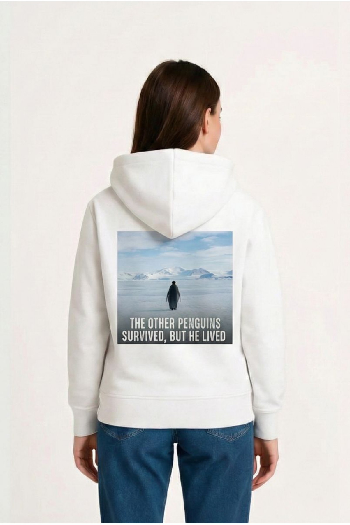 Kadın 3 İplik Pamuklu Kapüşonlu Hoodie Sweatshirt Survivor Penguen Baskılı - Beyaz