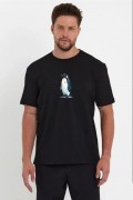 Erkek T-Shirt Penguen Baskılı Bisiklet Yaka Kısa kol yazlık Tişört - Siyah