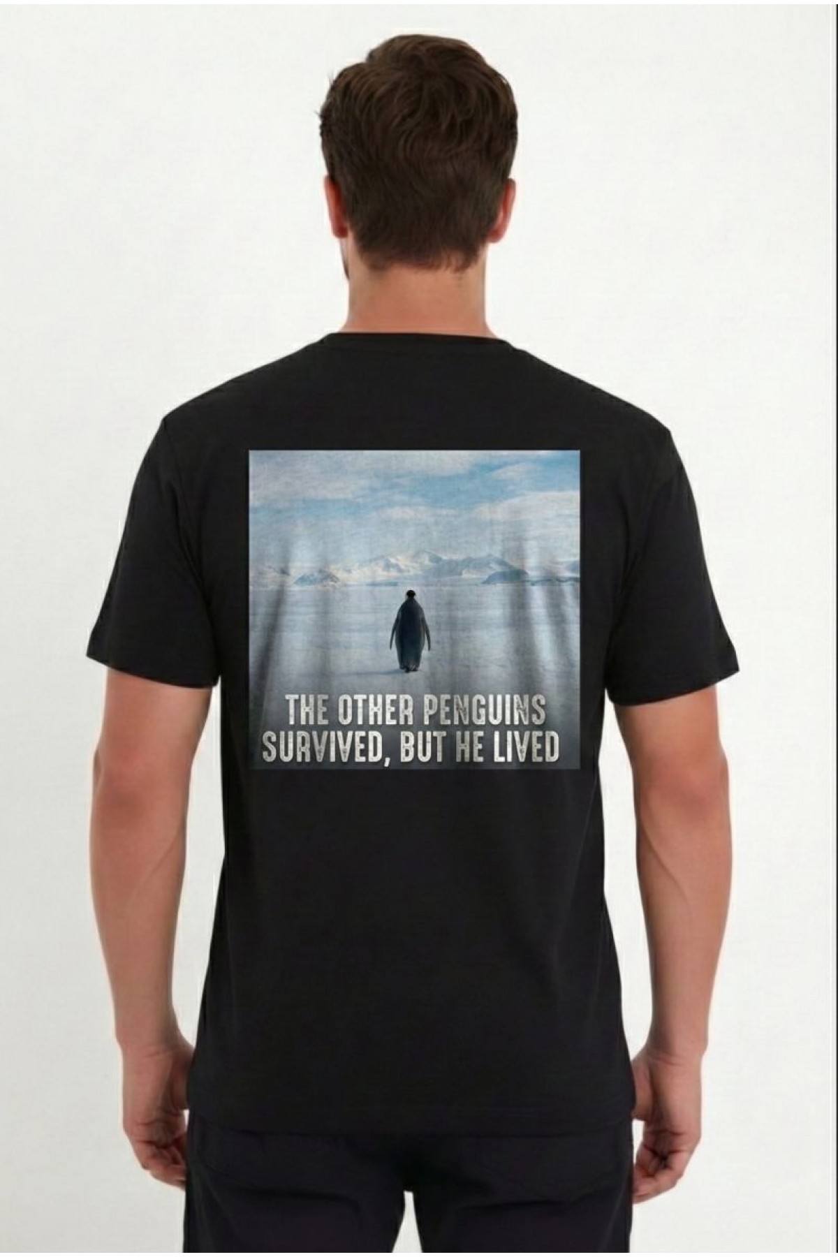 Erkek T-Shirt Penguen Baskılı Bisiklet Yaka Kısa kol yazlık Tişört - Siyah