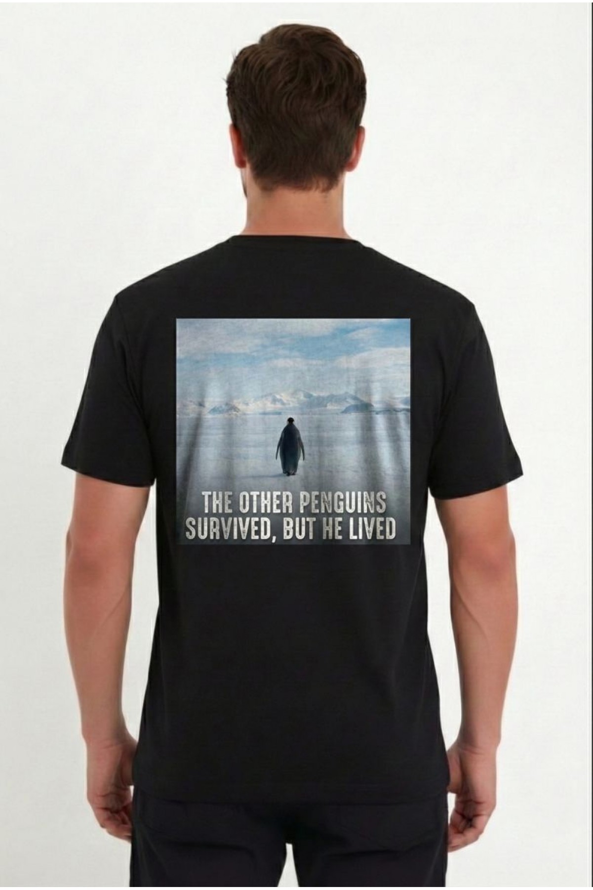 Erkek T-Shirt Penguen Baskılı Bisiklet Yaka Kısa kol yazlık Tişört - Siyah