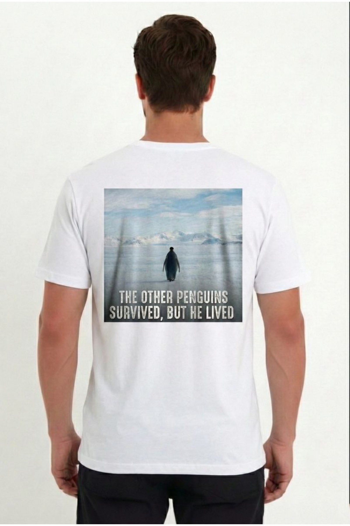 Erkek T-Shirt Penguen Baskılı Bisiklet Yaka Kısa kol yazlık Tişört - Beyaz