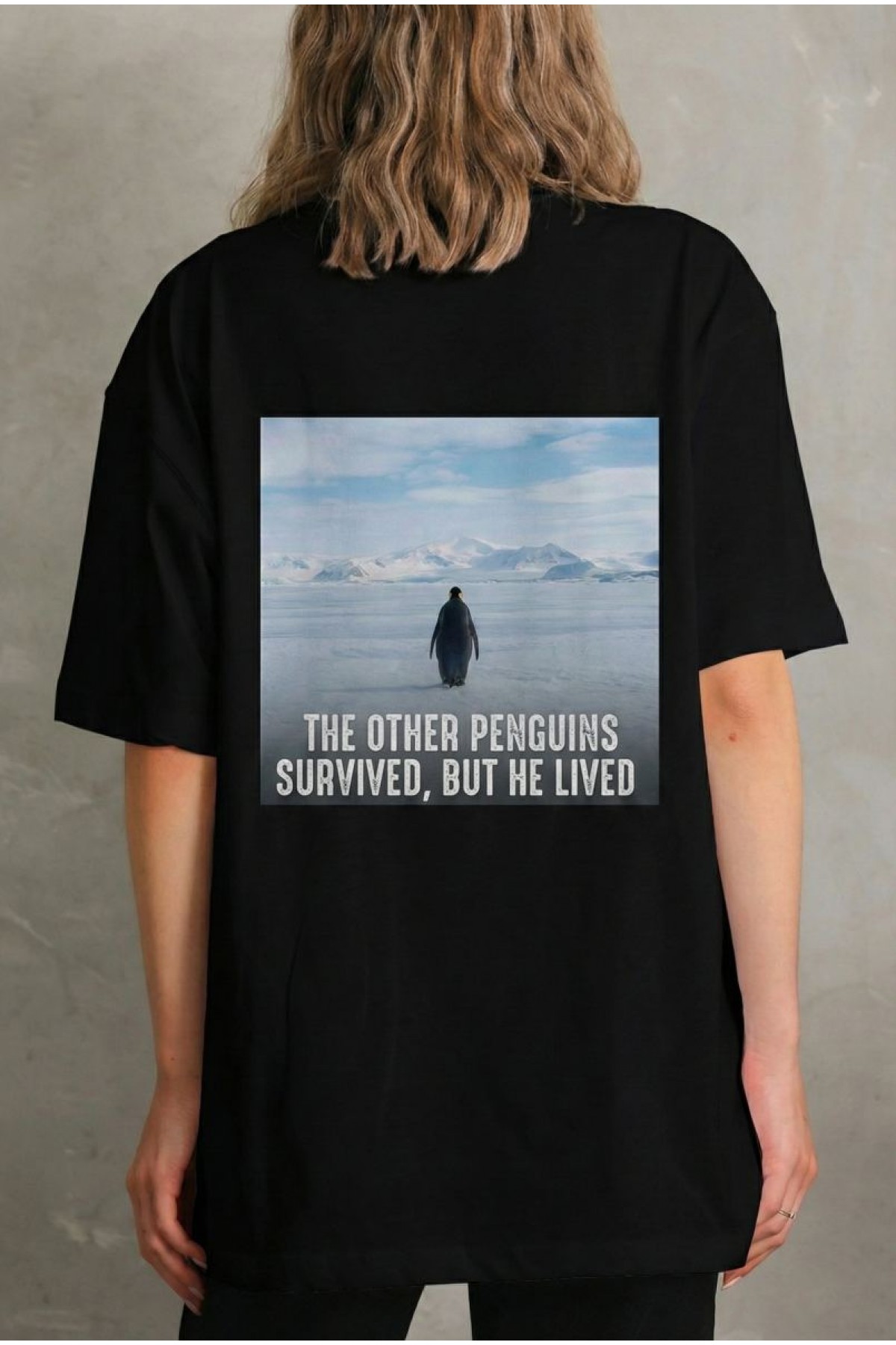 Kadın T-Shirt Penguen Baskılı Bisiklet Yaka Kısa kol yazlık Tişört - Siyah