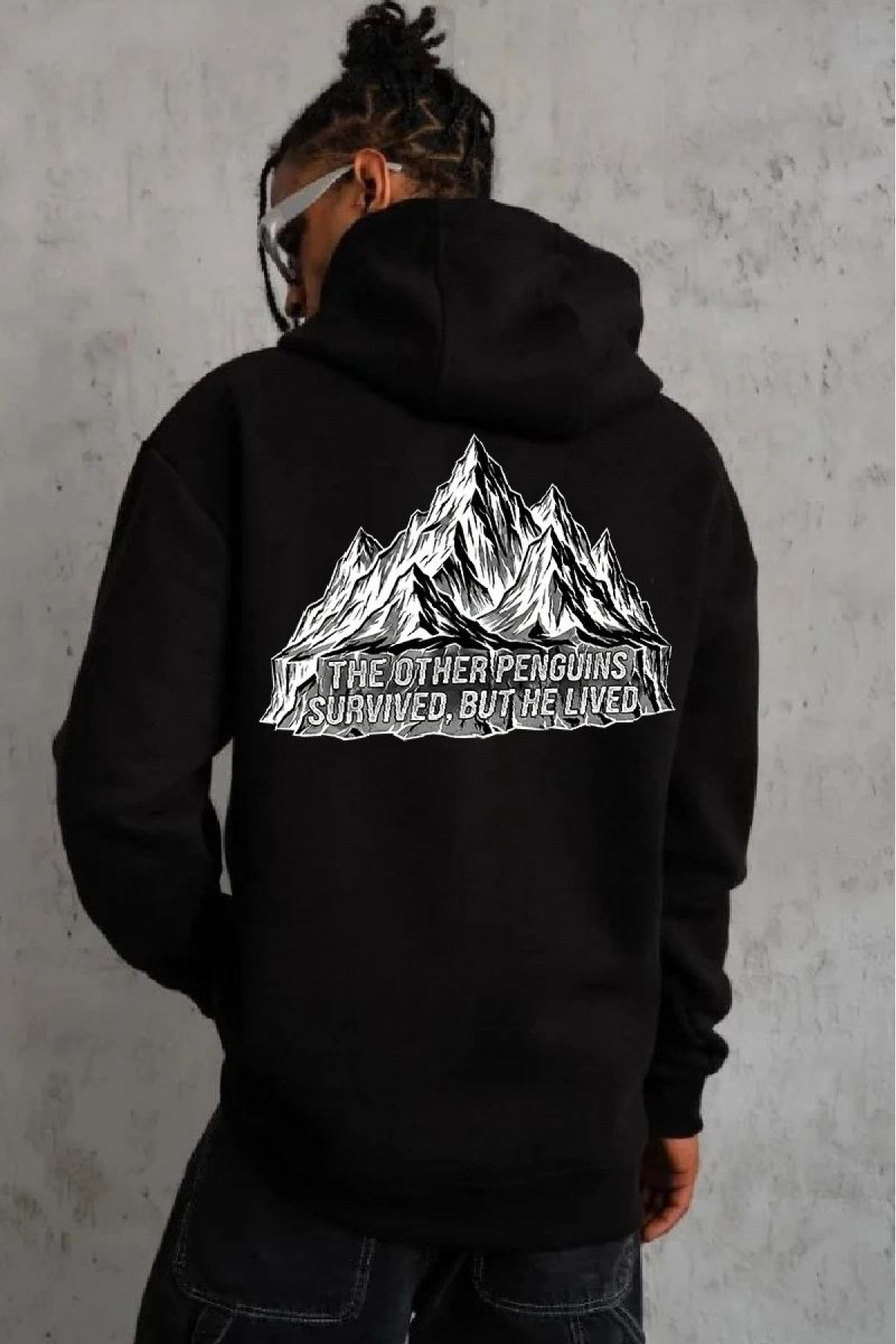 Erkek Nihilist Penguen Baskılı 3 İplik Pamuklu Kapüşonlu Sweatshirt Hoodie Siyah