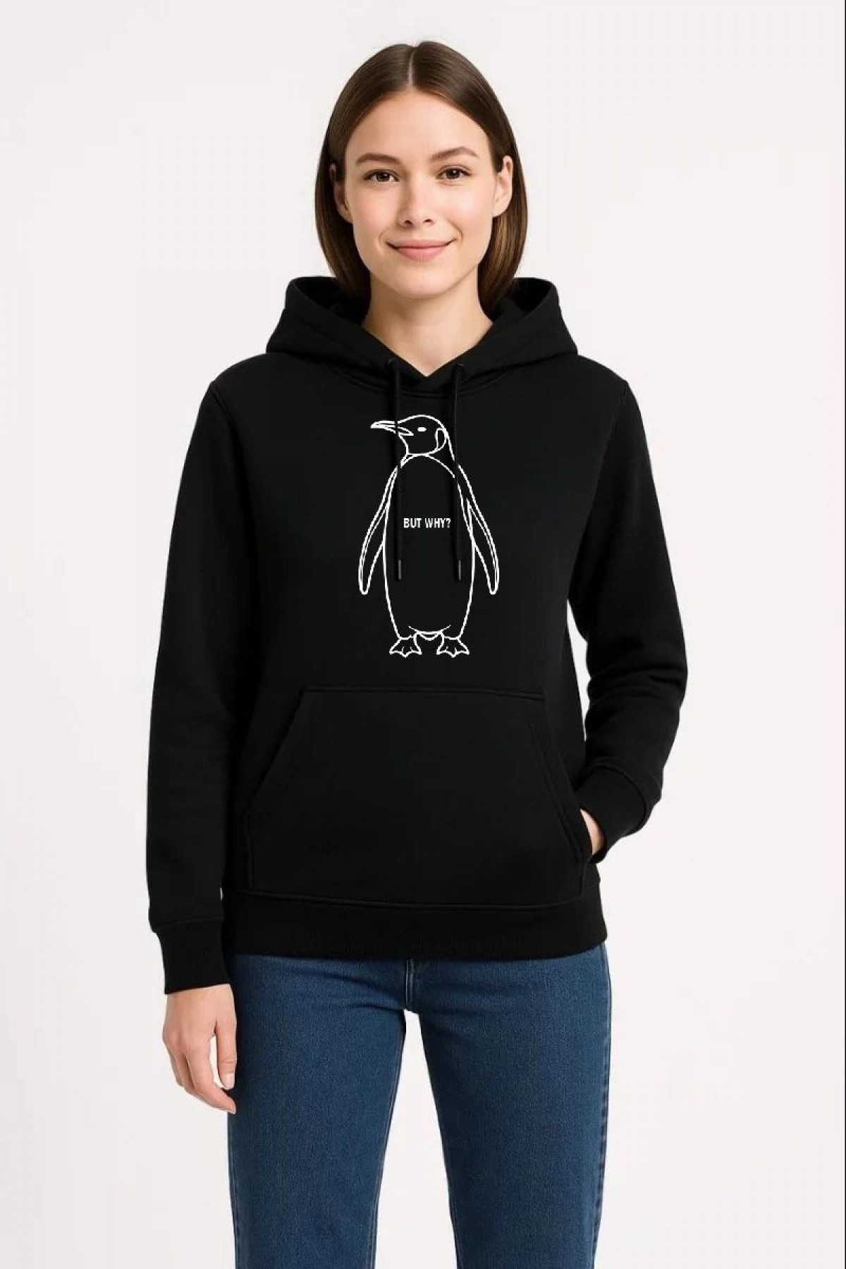 Kadın 3 İplik Pamuklu Kapüşonlu Hoodie Sweatshirt Nihilist Penguen Baskılı - Siyah