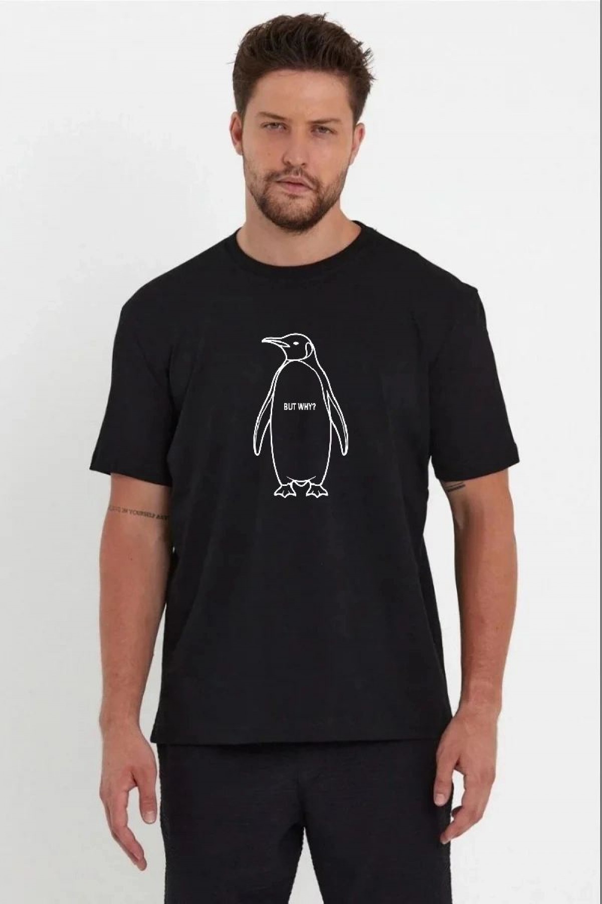 Erkek T-Shirt Nihilist Penguen Baskılı Bisiklet Yaka Kısa kol yazlık Tişört - Siyah