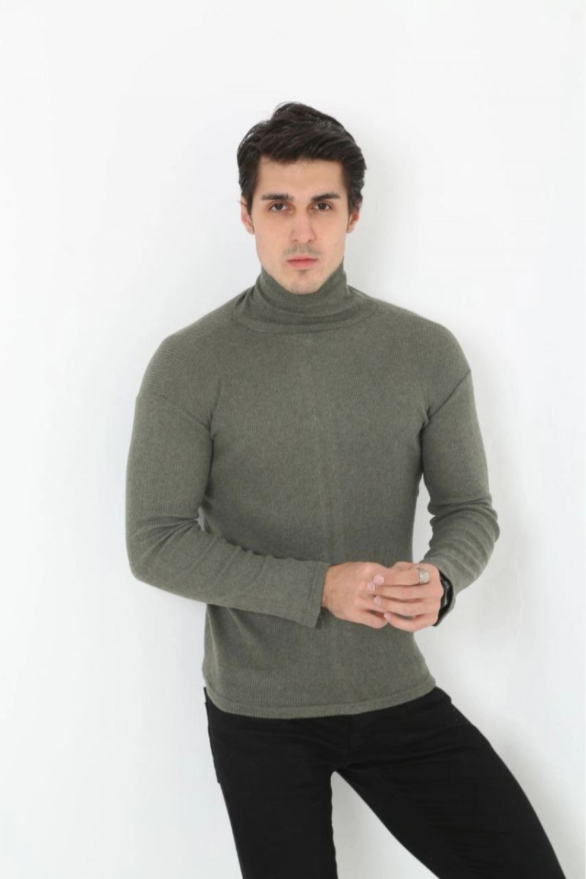 Erkek Fitilli Kaşkorse Kumaş Boğazlı Full Likralı Slimfit Body - Haki