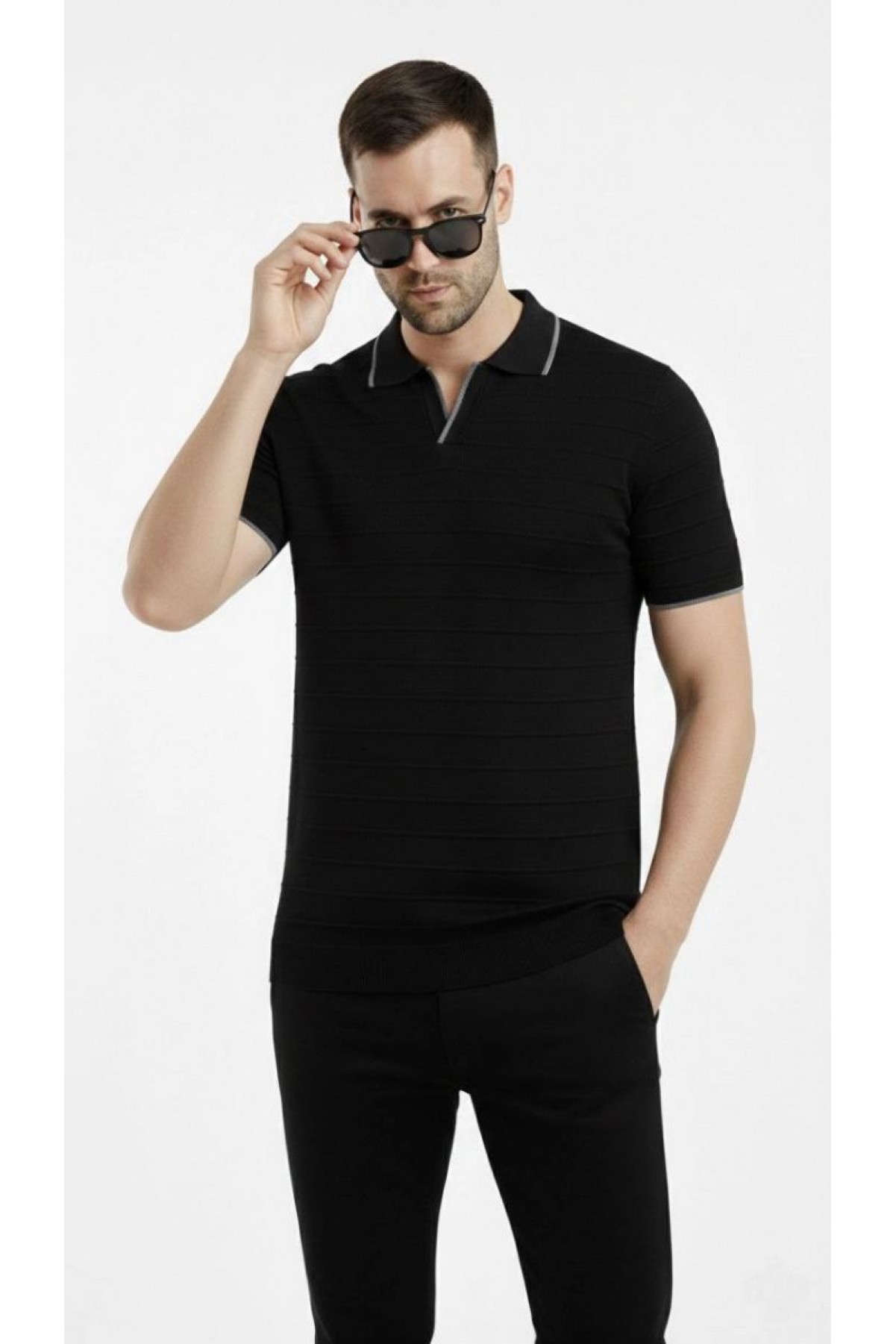 Erkek Kısa kol Fitilli Triko Polo Yaka Düğmesiz T-shirt 2'li Set Beyaz-Siyah