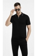 Erkek Kısa kol Fitilli Triko Polo Yaka Düğmesiz T-shirt 2'li Set Beyaz-Siyah