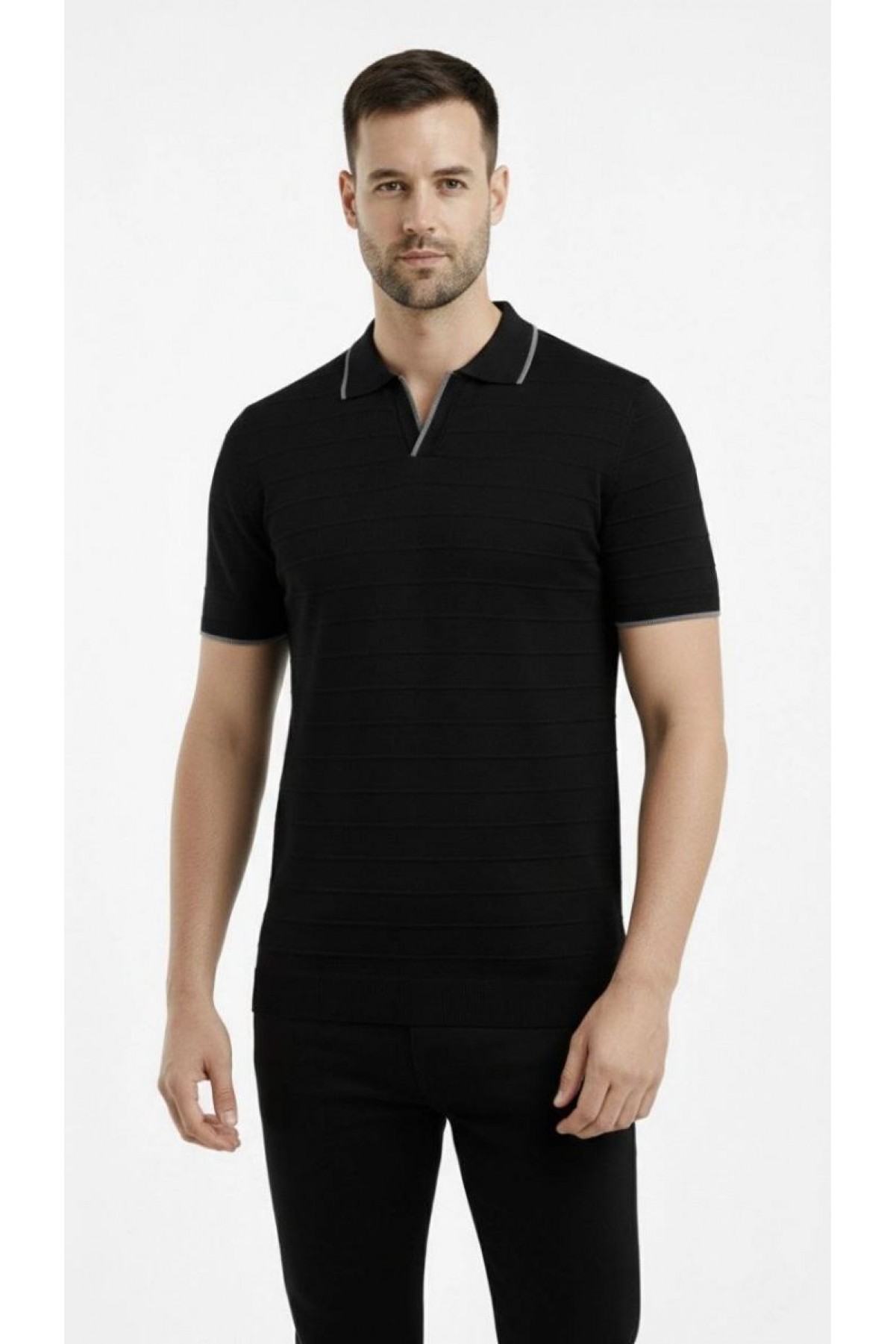 Erkek Kısa kol Fitilli Triko Polo Yaka Düğmesiz T-shirt 2'li Set Beyaz-Siyah