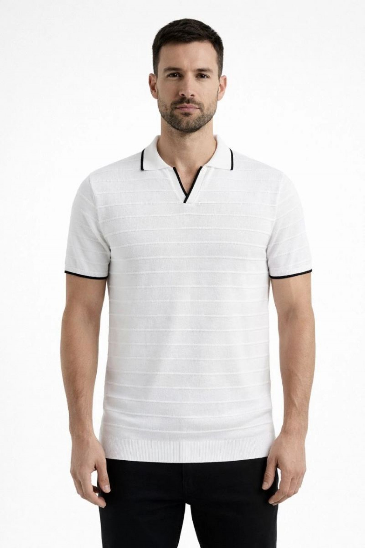 Erkek Kısa kol Fitilli Triko Polo Yaka Düğmesiz T-shirt 2'li Set Beyaz-Siyah