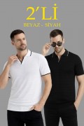Erkek Kısa kol Fitilli Triko Polo Yaka Düğmesiz T-shirt 2'li Set Beyaz-Siyah