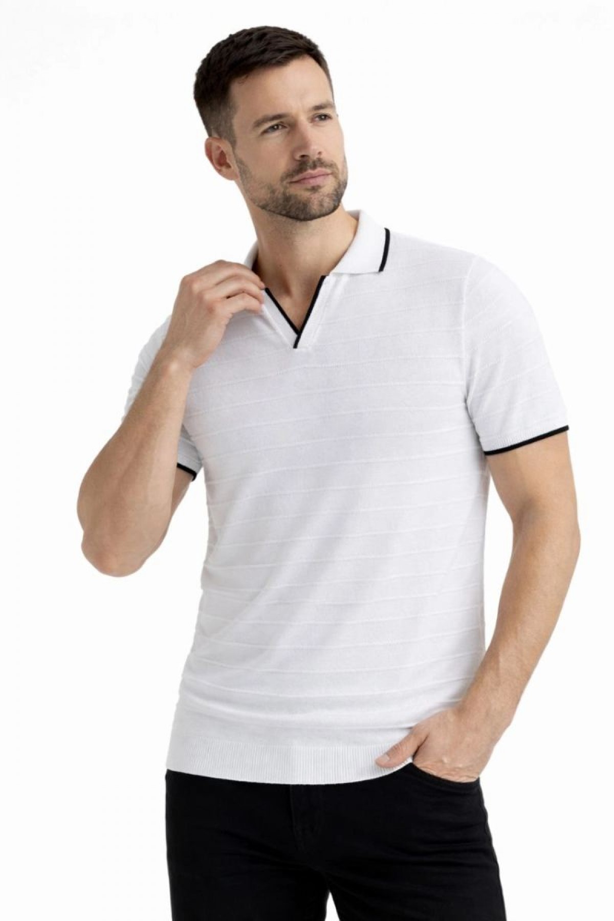 Erkek Kısa kol Fitilli Triko Polo Yaka Düğmesiz T-shirt 2'li Set Beyaz-Mint Yeşili