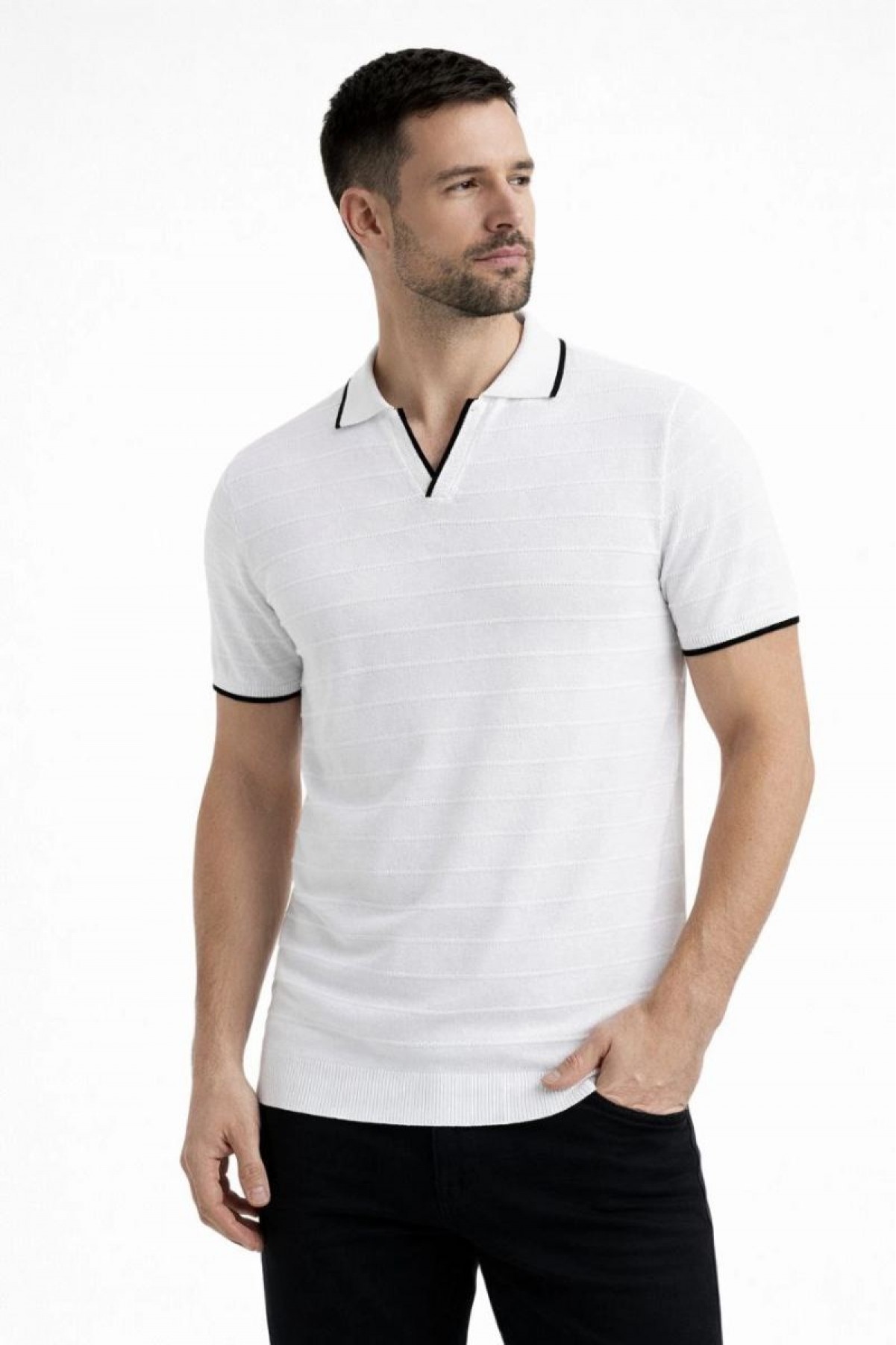 Erkek Kısa kol Fitilli Triko Polo Yaka Düğmesiz T-shirt 2'li Set Beyaz-Mint Yeşili