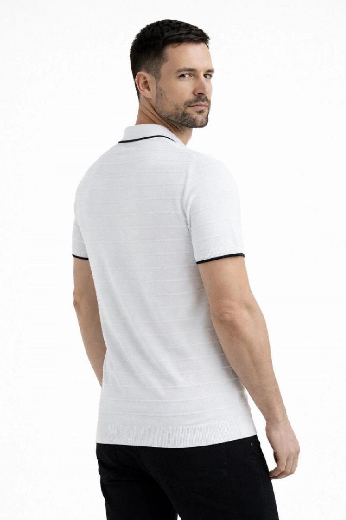 Erkek Kısa kol Fitilli Triko Polo Yaka Düğmesiz T-shirt 2'li Set Beyaz-Mint Yeşili