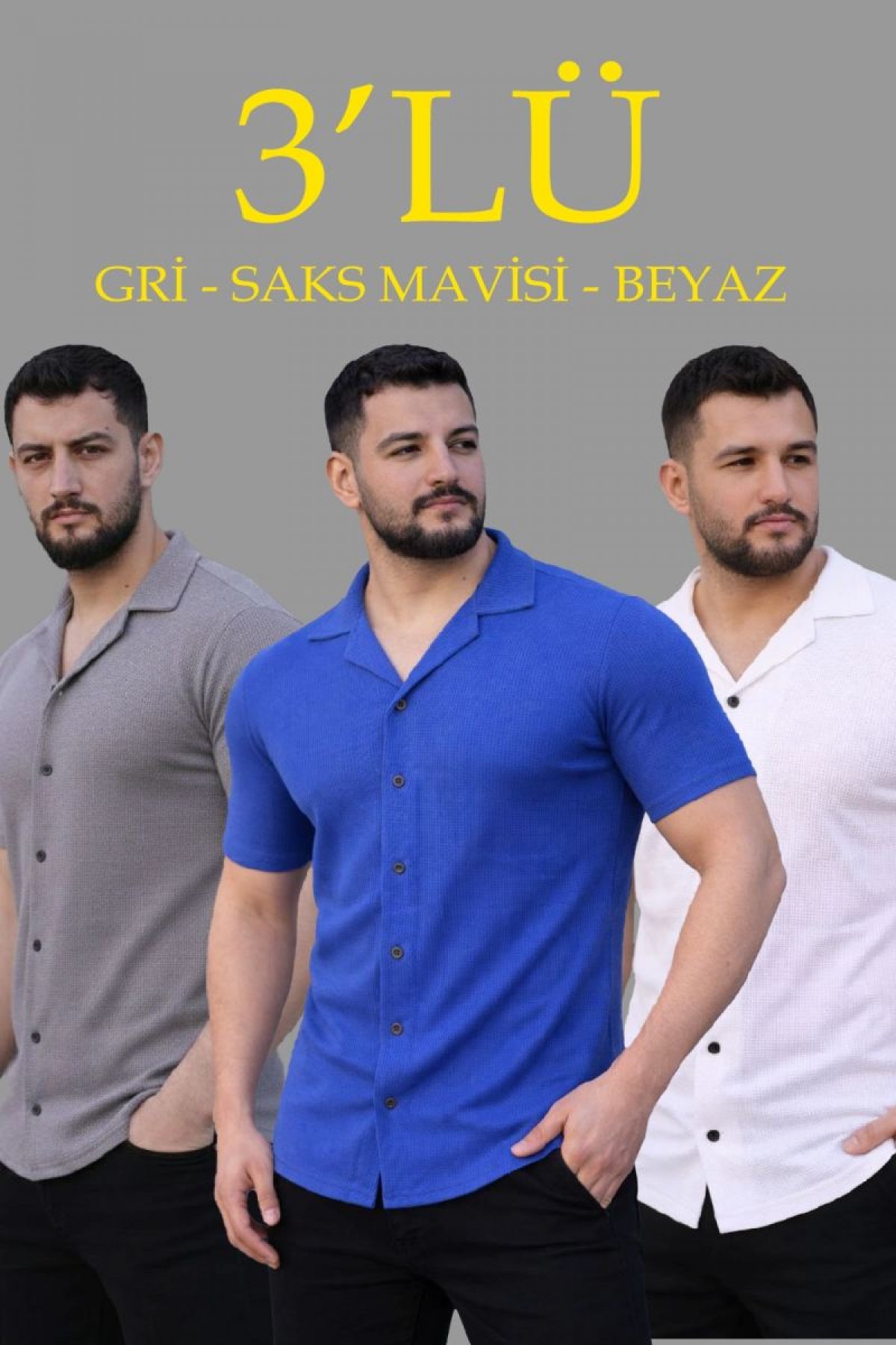 Erkek Waffle Kumaş Yakalı Kısa Kol Düğmeli Gömlek 3’lü Set Gri-Saks Mavisi-Beyaz