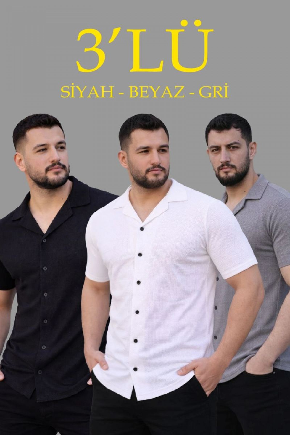Erkek Waffle Kumaş Yazlık Yakalı Kısa Kol Düğmeli Gömlek 3’lü Set Siyah-Beyaz-Gri