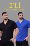 Erkek Waffle Kumaş Açık Yakalı Düğmeli Regular Fit Gömlek 2’li Set Siyah-Saks Mavisi