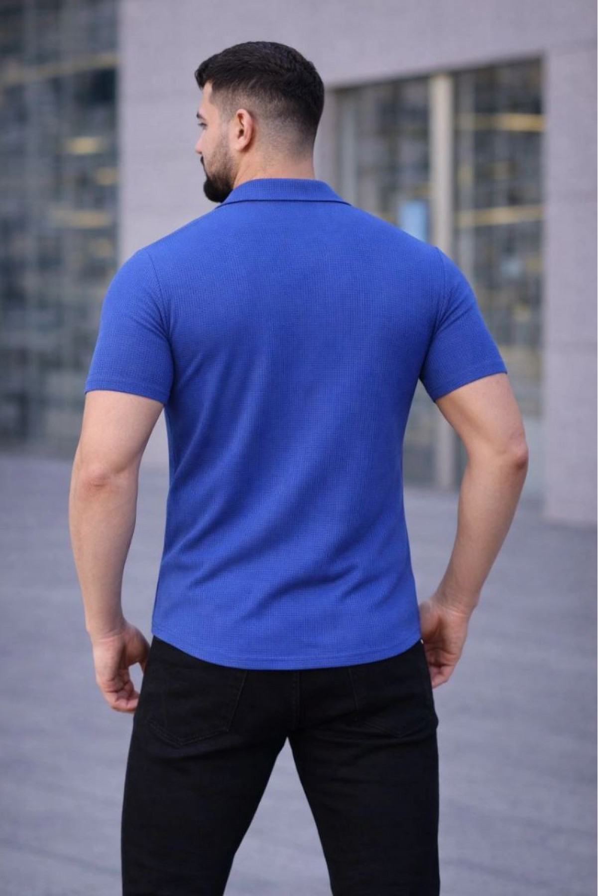 Erkek Waffle Kumaş Açık Yakalı Düğmeli Regular Fit Gömlek 2’li Set Siyah-Saks Mavisi