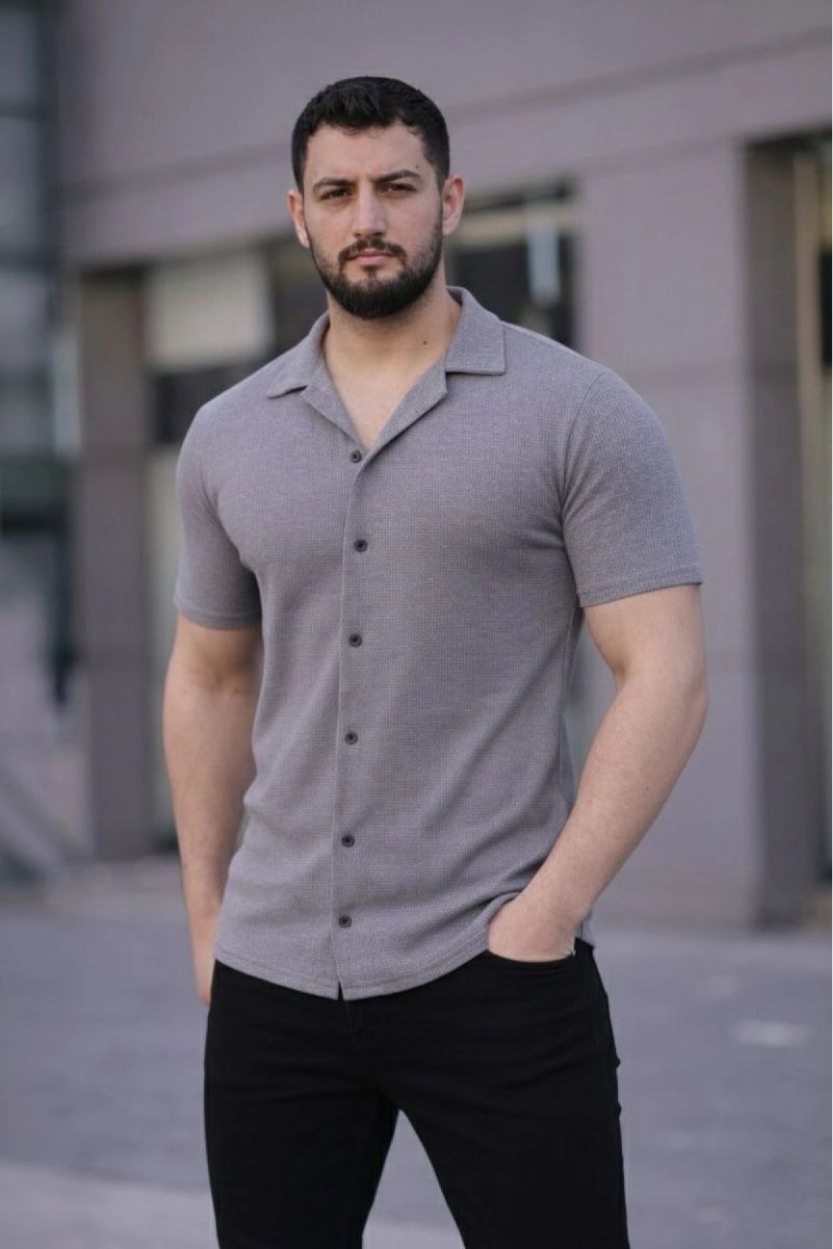 Erkek Waffle Kumaş Açık Yakalı Düğmeli Regular Fit Gömlek 2’li Set Lacivert-Gri