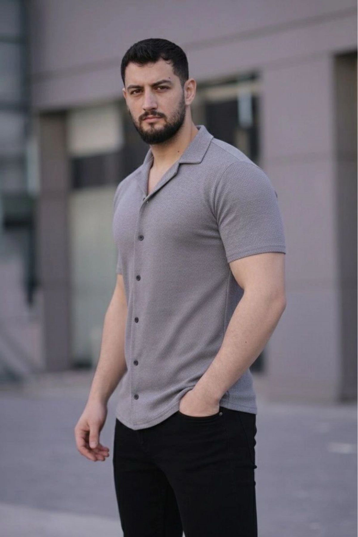 Erkek Waffle Kumaş Açık Yakalı Düğmeli Regular Fit Gömlek 2’li Set Lacivert-Gri