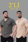 Erkek Waffle Dokuma Kumaş Açık Yakalı Düğmeli Gömlek 2’li Set Haki-Bej