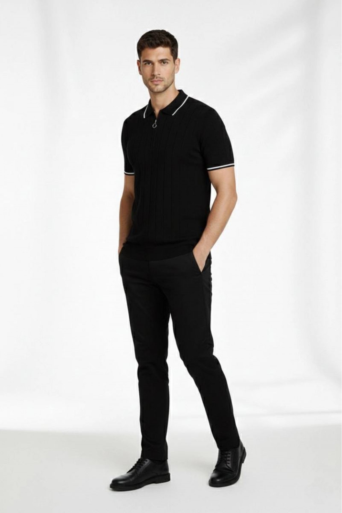 Erkek Triko Tişört Fermuarlı Polo Yakal Yazlık Kısa Kol T-Shirt 2’li Set Bej-Siyah