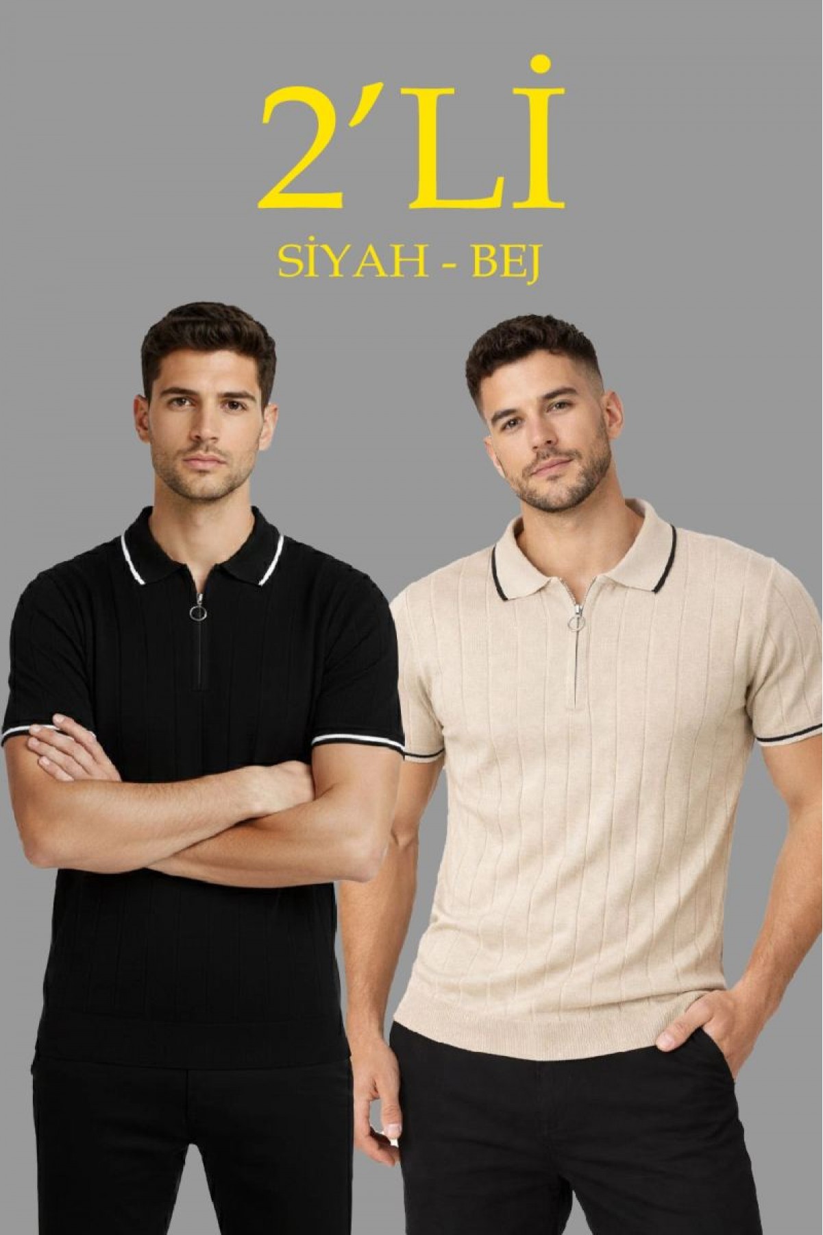 Erkek Triko Tişört Fermuarlı Polo Yakal Yazlık Kısa Kol T-Shirt 2’li Set Bej-Siyah