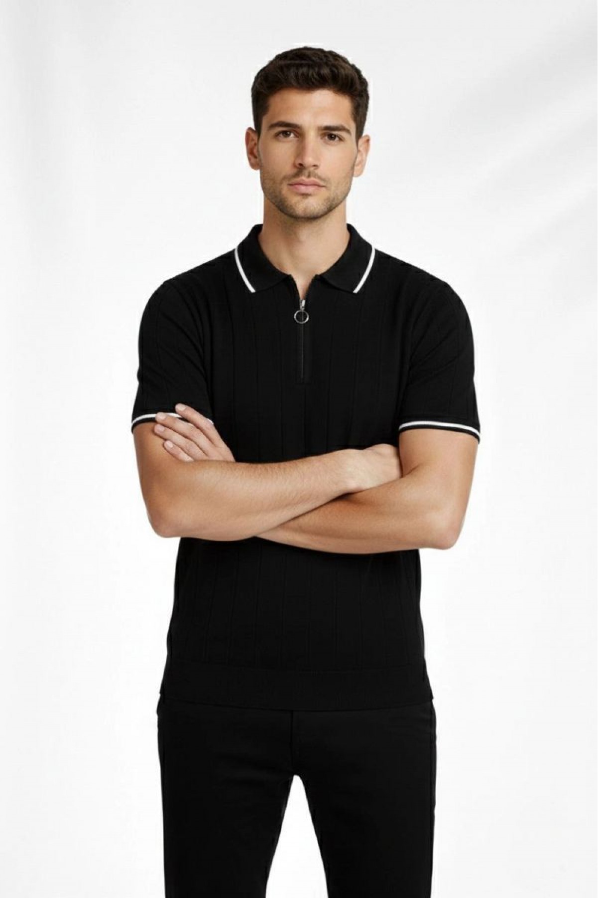 Erkek Triko Tişört Fermuarlı Polo Yaka Yazlık Kısa Kol T-Shirt 2’li Set Haki-Siyah