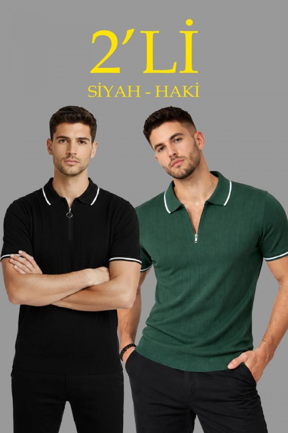 Erkek Triko Tişört Fermuarlı Polo Yaka Yazlık Kısa Kol T-Shirt 2’li Set Haki-Siyah