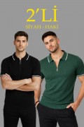 Erkek Triko Tişört Fermuarlı Polo Yaka Yazlık Kısa Kol T-Shirt 2’li Set Haki-Siyah