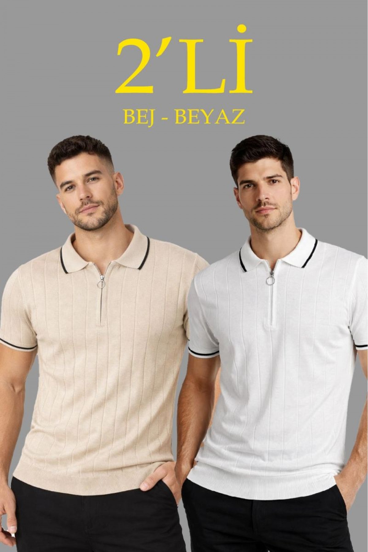 Erkek Dokuma Triko Tişört Fermuarlı Polo Yaka Yazlık Kısa Kol T-Shirt 2’li Set Bej-Beyaz