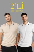 Erkek Dokuma Triko Tişört Fermuarlı Polo Yaka Yazlık Kısa Kol T-Shirt 2’li Set Bej-Beyaz