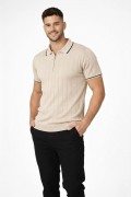 Erkek Dokuma Triko Tişört Fermuarlı Polo Yaka Yazlık Kısa Kol T-Shirt 2’li Set Bej-Beyaz