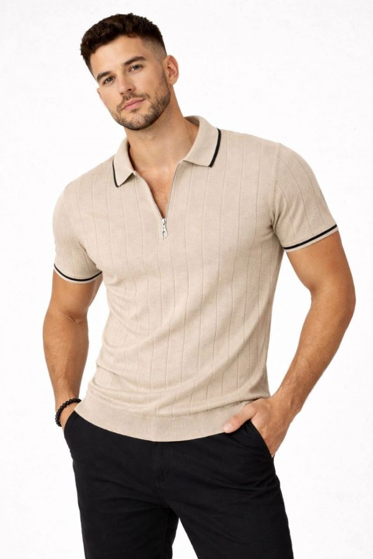 Erkek Dokuma Triko Tişört Fermuarlı Polo Yaka Yazlık Kısa Kol T-Shirt 2’li Set Bej-Beyaz