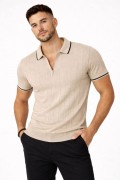 Erkek Dokuma Triko Tişört Fermuarlı Polo Yaka Yazlık Kısa Kol T-Shirt 2’li Set Bej-Beyaz