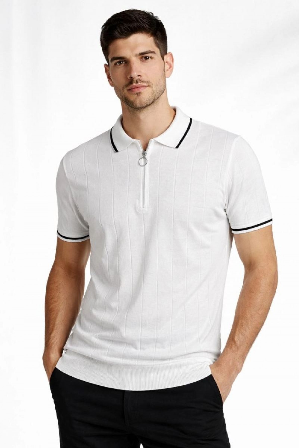 Erkek Dokuma Triko Tişört Fermuarlı Polo Yaka Yazlık Kısa Kol T-Shirt 2’li Set Bej-Beyaz