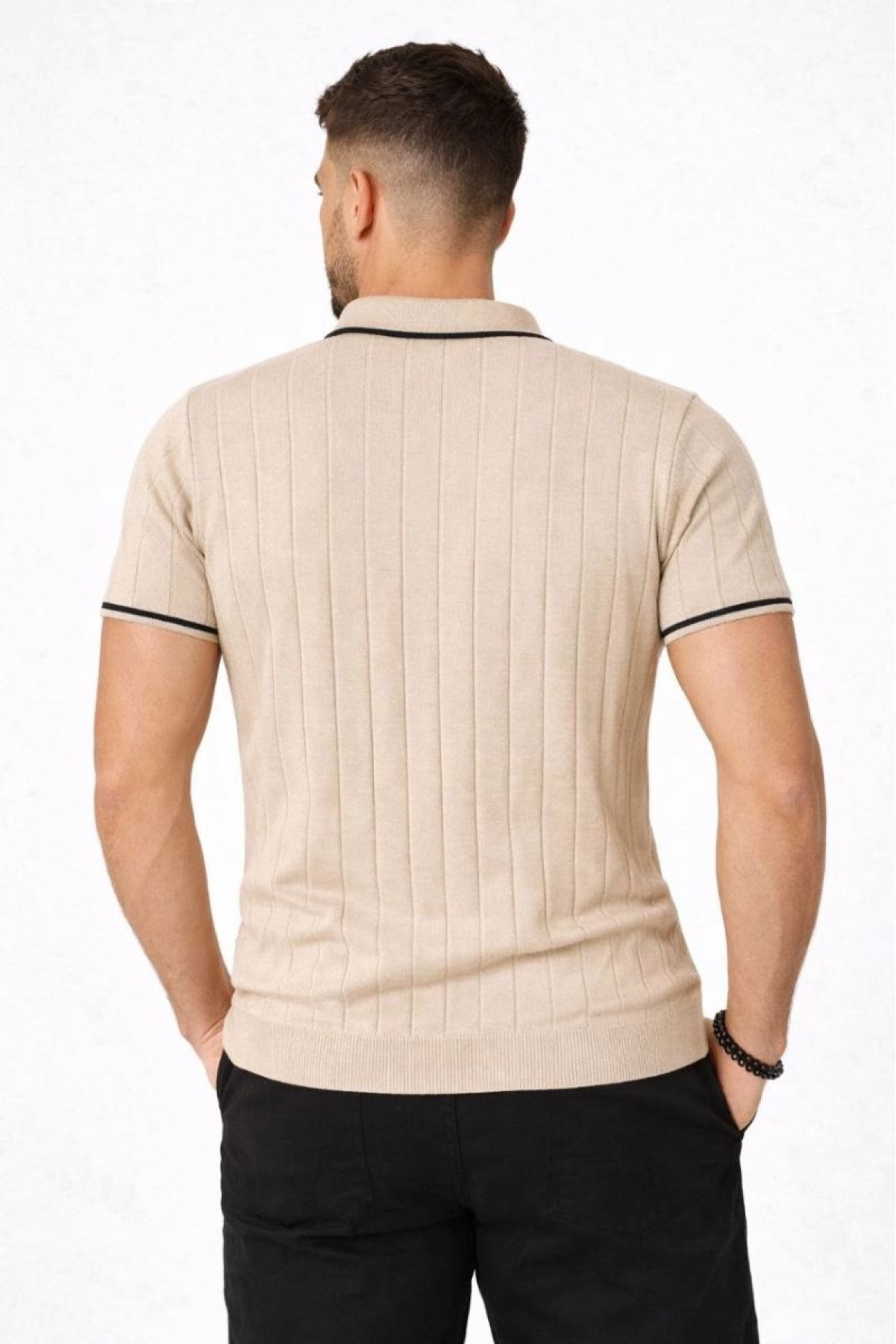 Erkek Triko Tişört Fermuarlı Polo Yaka Kısa Kol T-Shirt 3’lü Set Bej-Beyaz-Siyah