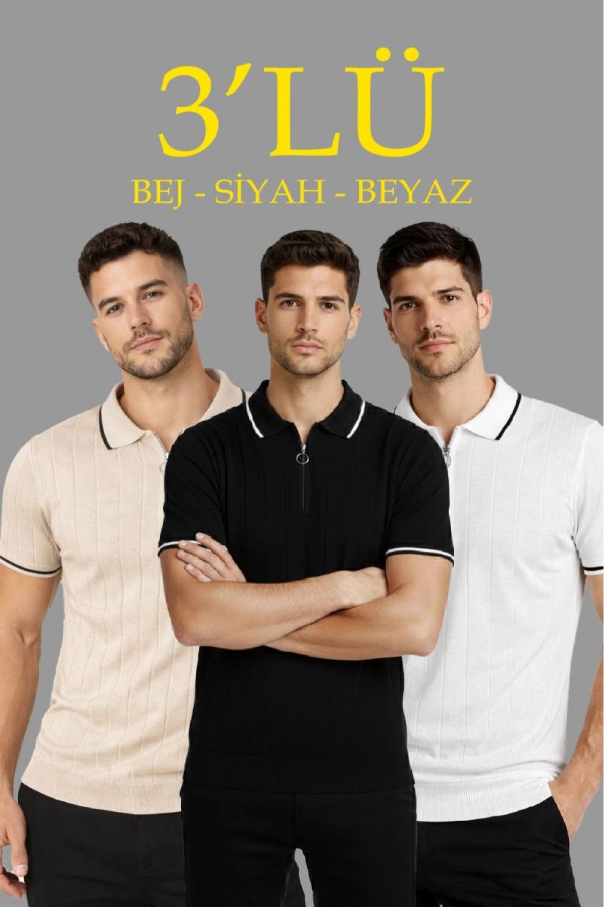Erkek Triko Tişört Fermuarlı Polo Yaka Kısa Kol T-Shirt 3’lü Set Bej-Beyaz-Siyah