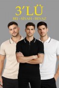 Erkek Triko Tişört Fermuarlı Polo Yaka Kısa Kol T-Shirt 3’lü Set Bej-Beyaz-Siyah