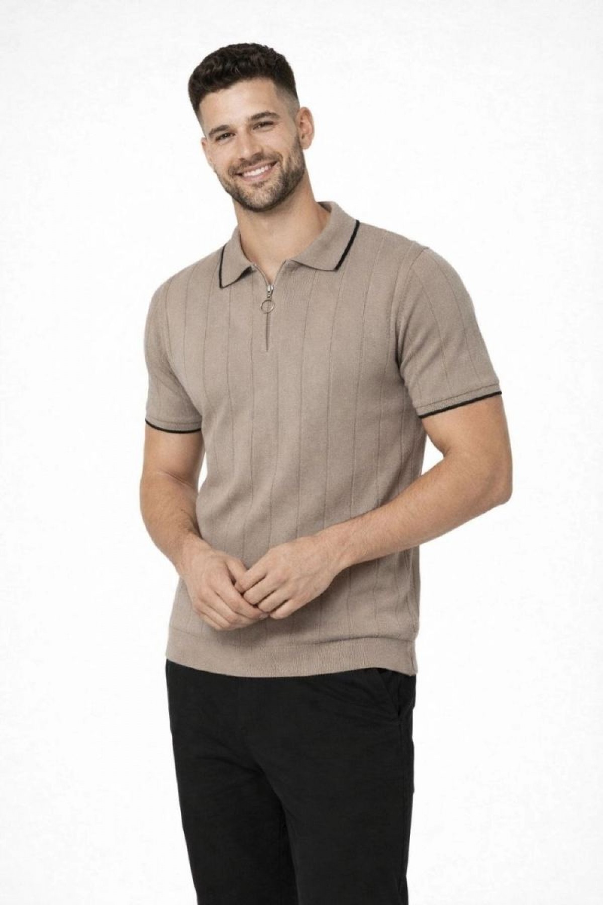Erkek Triko Tişört Fermuarlı Polo Yaka Kısa Kol T-Shirt 3’lü Set Kahve-Siyah-Beyaz