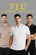 Erkek Triko Tişört Fermuarlı Polo Yaka Kısa Kol T-Shirt 3’lü Set Kahve-Siyah-Beyaz