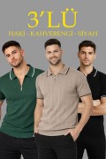 Erkek Triko Tişört Fermuarlı Polo Yaka Kısa Kol T-Shirt 3’lü Set Siyah-Kahve-Haki