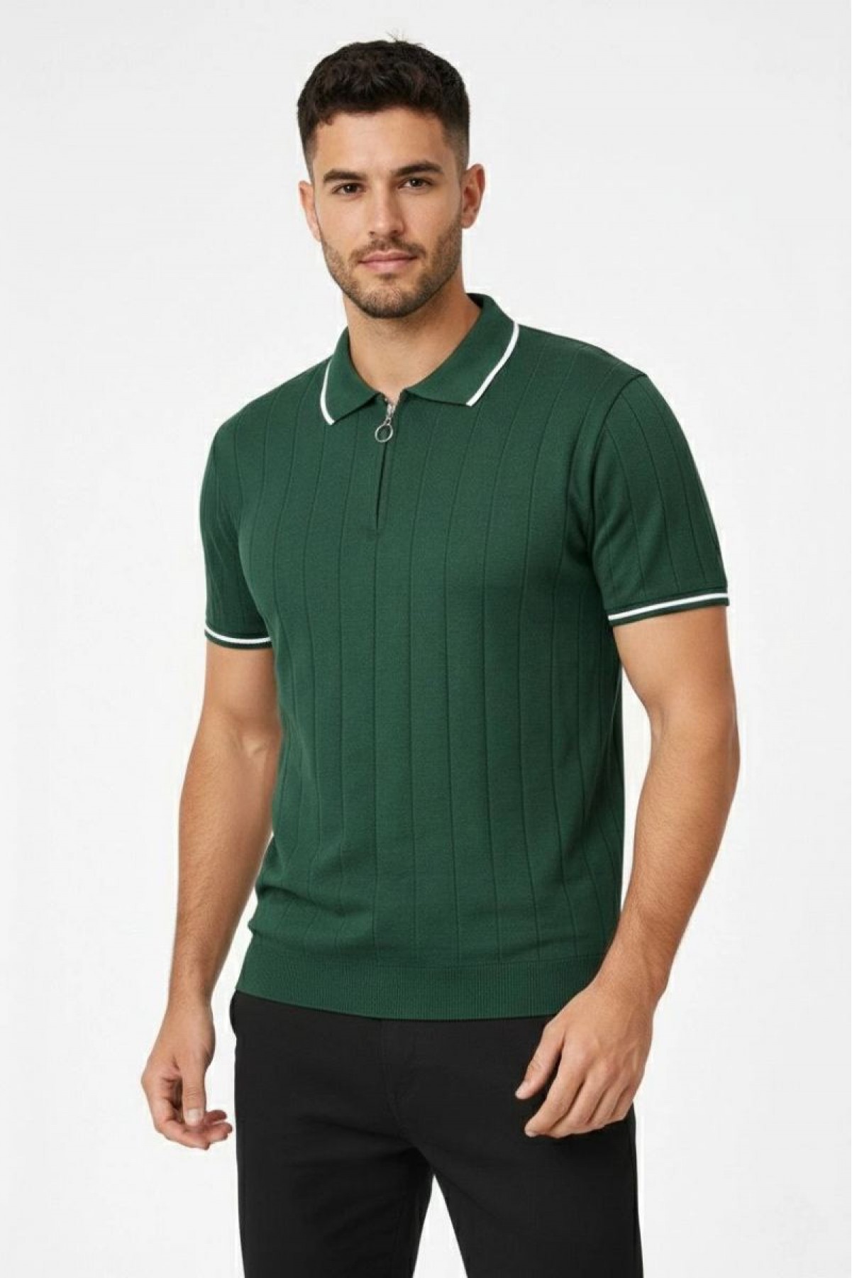 Erkek Triko Tişört Fermuarlı Polo Yaka Kısa Kol T-Shirt 3’lü Set Siyah-Kahve-Haki