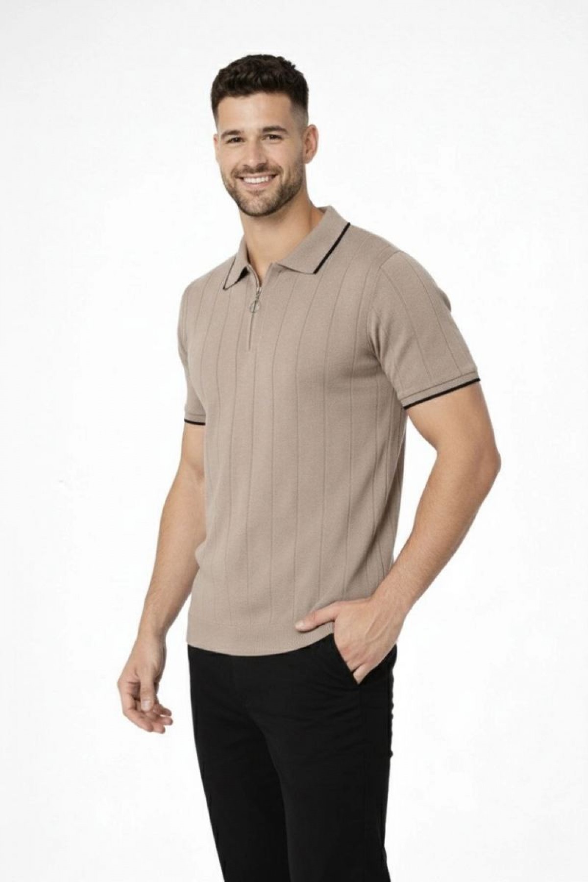 Erkek Triko Tişört Fermuarlı Polo Yaka Kısa Kol T-Shirt 3’lü Set Siyah-Kahve-Haki