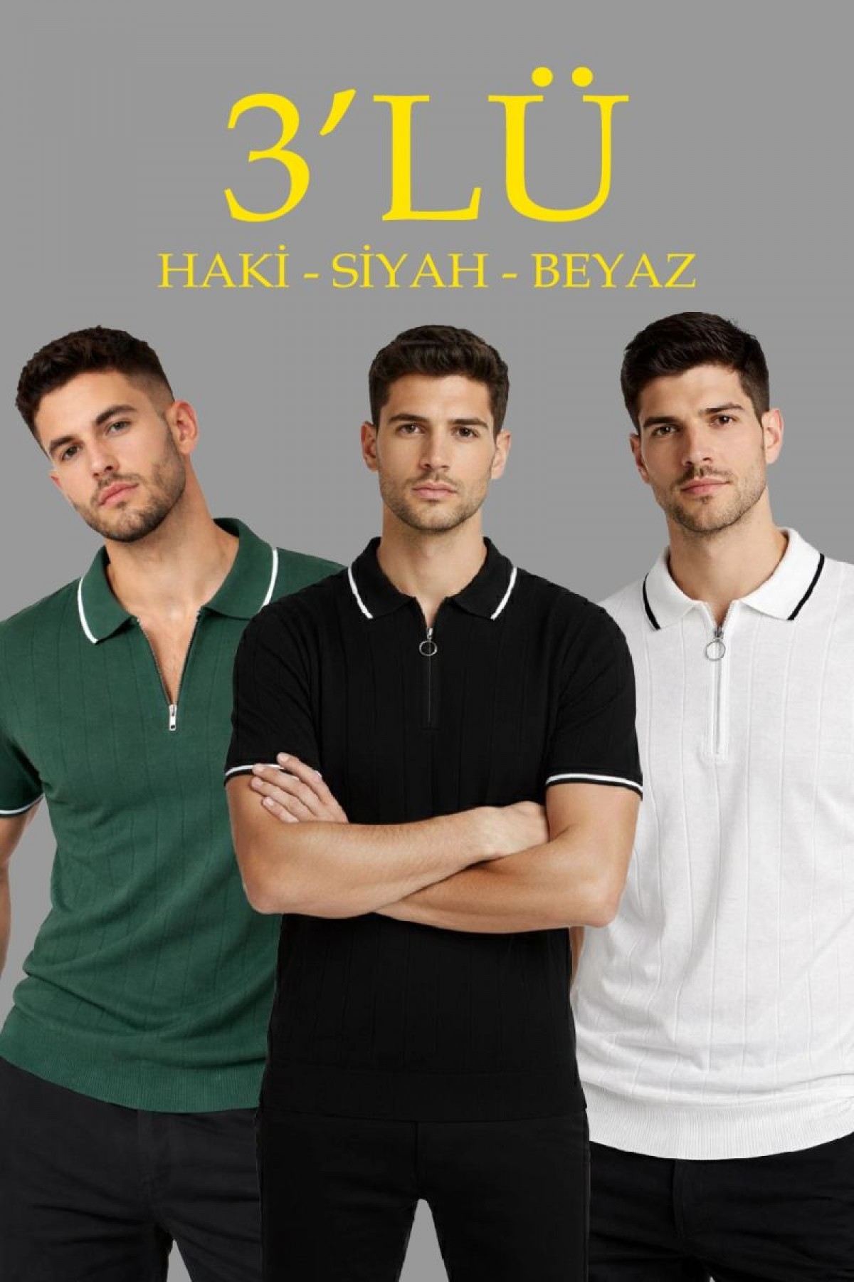 Erkek Triko Tişört Fermuarlı Polo Yaka Kısa Kol T-Shirt 3’lü Set Beyaz-Haki-Siyah