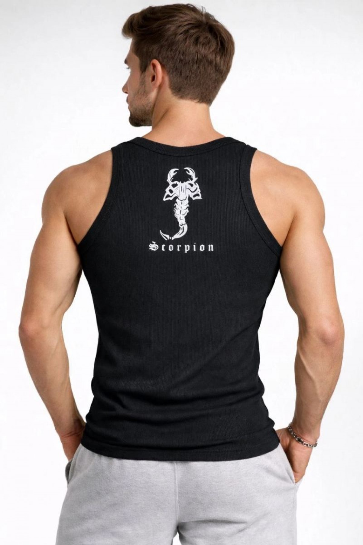Erkek Fitilli Atlet Sıfır Yaka Slim Fit Arka Baskılı Spor Atlet - Siyah