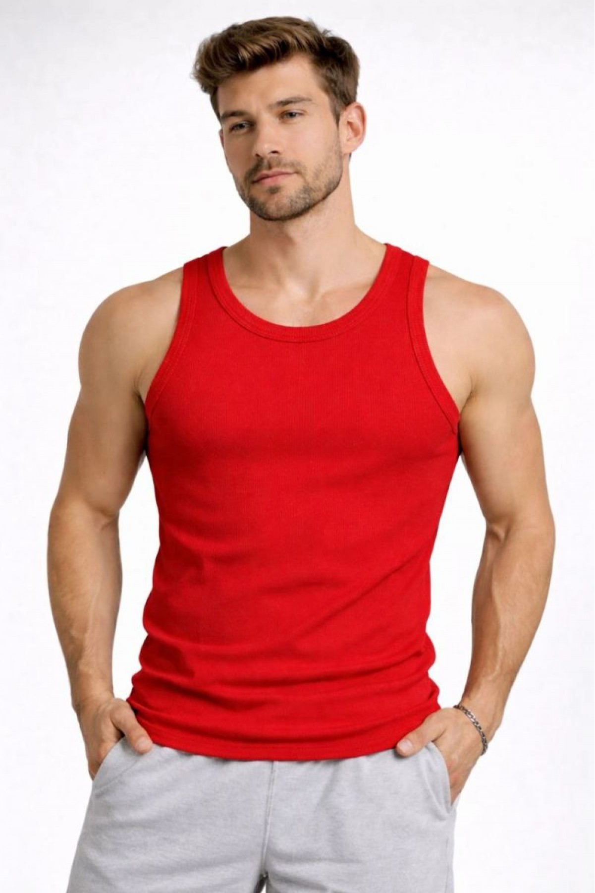 Erkek Fitilli Atlet Sıfır Yaka Slim Fit Arka Baskılı Spor Atlet - Kırmızı