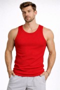 Erkek Fitilli Atlet Sıfır Yaka Slim Fit Arka Baskılı Spor Atlet - Kırmızı