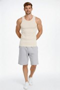 Erkek Fitilli Atlet Sıfır Yaka Slim Fit Arka Baskılı Spor Atlet - Krem