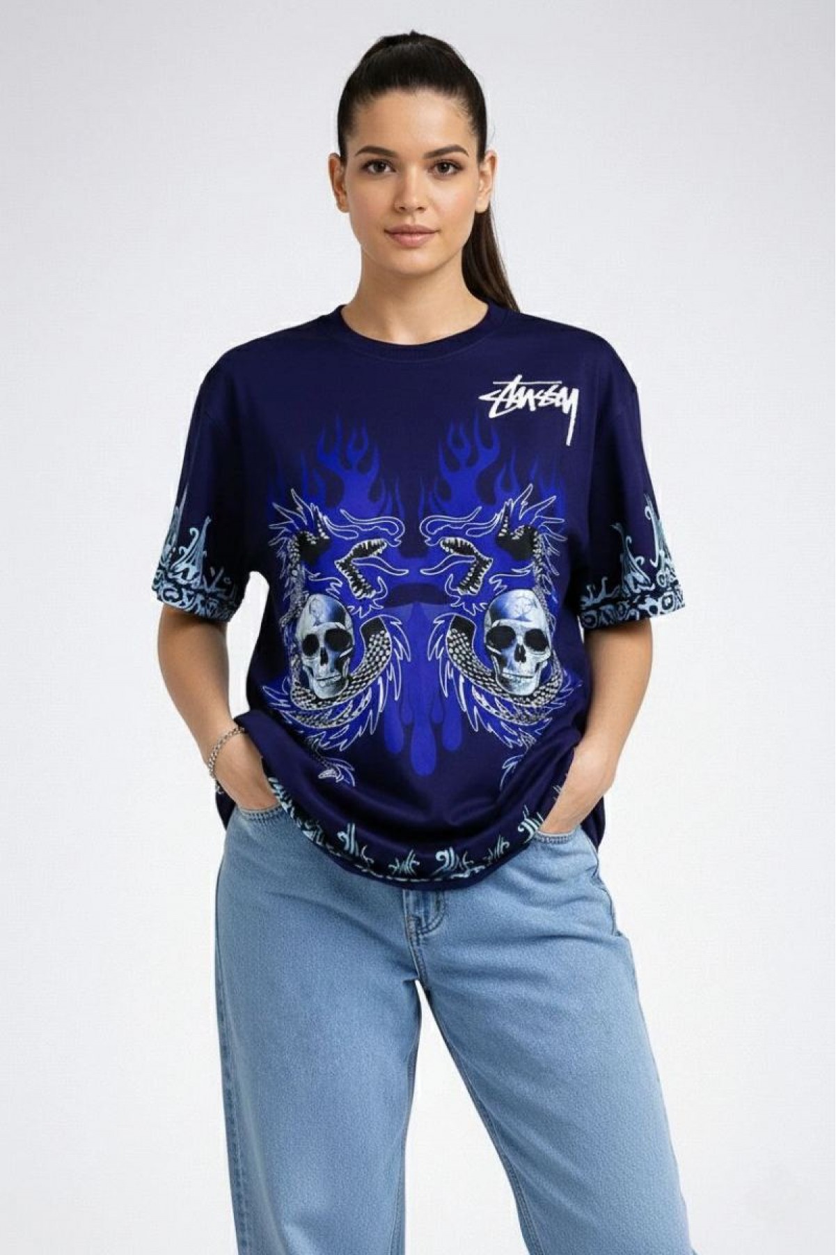 Kadın Oversize Tişört Dragon & Kuru Kafa Baskılı Bisiklet Yaka T-Shirt - Lacivert